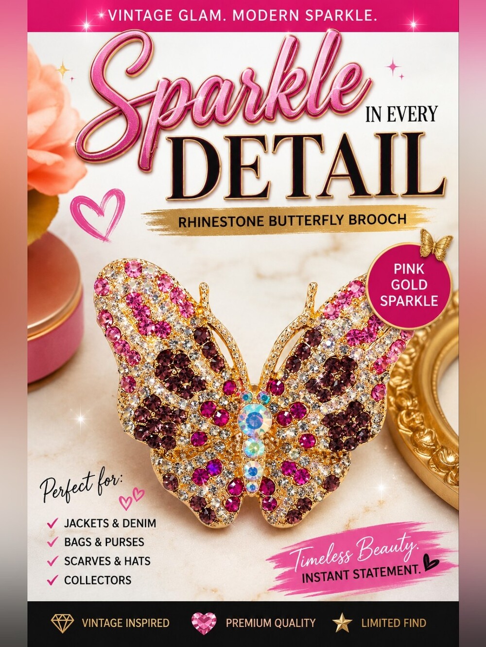 Gold Tone Crystal Butterfly Brooch Pin – Multicolor/Purple Rhinestone Sparkle